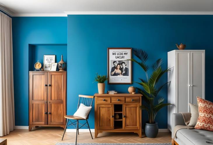 Modern Vintage Apartment with Blue Walls and Tropical Accents